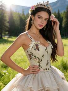 Y2K Floral Print Crop Top - Adjustable Lace-Up Back Bustier - Apricot - View 5