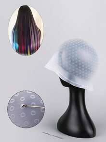 1 pieza Gorro de silicona con gancho y aguja para coloración del cabello, color rosa, herramienta profesional para teñir, iluminar y frostar el cabello - Multicolor - Ver 1