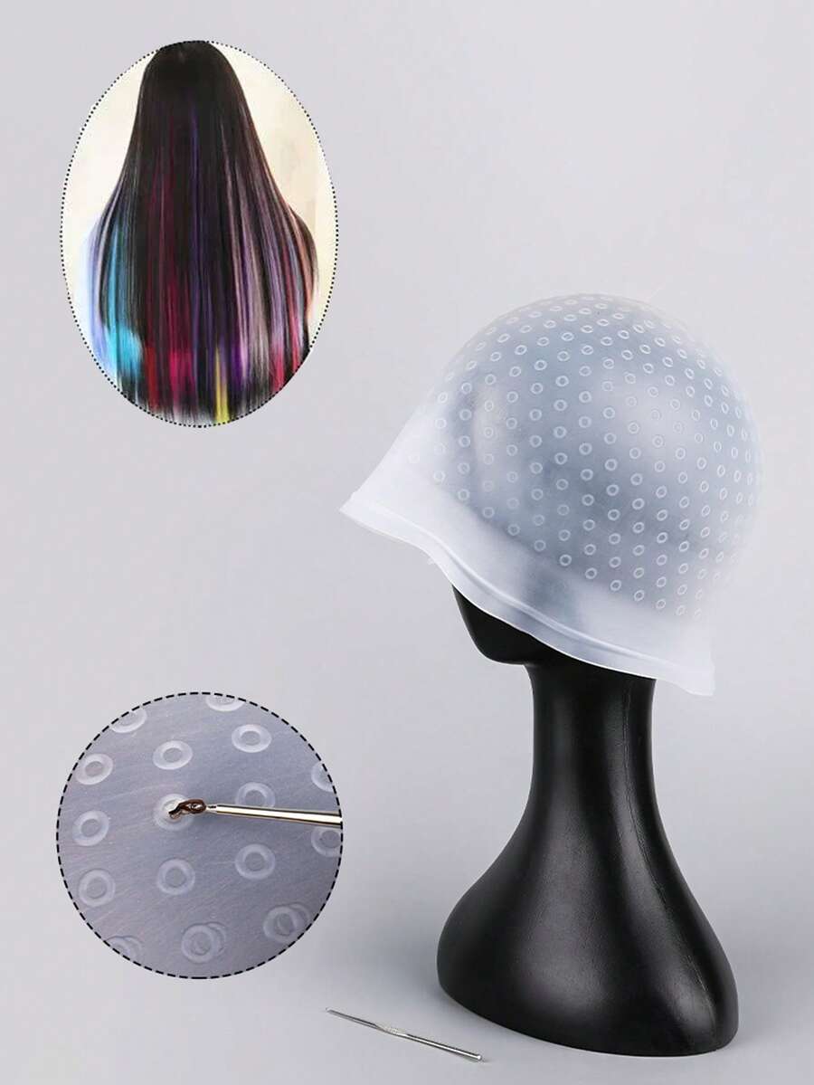 1 pieza Gorro de silicona con gancho y aguja para coloración del cabello, color rosa, herramienta profesional para teñir, iluminar y frostar el cabello - Multicolor - Ver 1