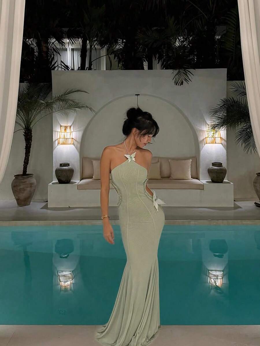 Basrey Sleeveless Backless Chiffon Bridesmaid Dress, Long Backless Semi-Sheer Elegant Style, Medium Stretch Fall Wedding - Light Green - View 1