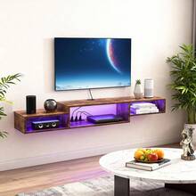 INICO Mueble Flotante para TV 70 con Luces LED, Repisas Flotantes de Pared para TV con Toma de Corriente, Sencillo y Ahorra Espacio Debajo para Salón, Dormitorio, Marrón - Marrón - Ver 10