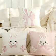 1pc Easter Bunny Pillow Cover, Faux Fur Embroidered Decorative Cushion Cover With Cute Rabbit & Bow, Suitable For Easter, Spring, Home Decor, All Season - Multicolor - View 12