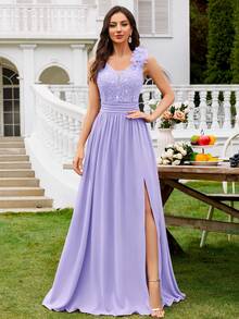 MIUSOL Robe de soirée longue en mousseline de soie avec encolure en cœur, volants, fente et dentelle fleurie pailletée. Robe de cérémonie formelle, convient pour les invités de mariage, les cérémonies de remise de diplômes, les dîners de gala et autres occasions - Parme - Voir 4