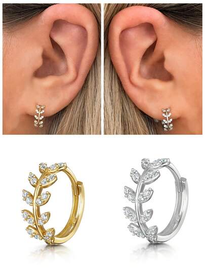 1Pc 925 Sterling Silver Exquisite Leaves Cubic Zirconia Hoop Earring Hypoallergenic Pure Silver Suitable For Women For Daily, Dates, Vacation, Wedding, Party, Holiday Gift