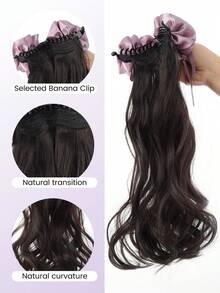 18Inch Banana Clip Long Curly Wavy Ponytail Synthetic Clip In Hairtail Extension Fluffy Black Ponytail Wig With Pink Purple Flower Hair Accessories - Multicolor - View 7