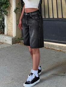 Y2K复古碎花流苏边百慕大牛仔短裤，休闲夏季牛仔短裤 - 黑色 - 查看 3