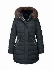 Plus Size Women's Hooded Down Jacket With Faux Fur Collar, Autumn/Winter - Đen (nâu) - Xem 1