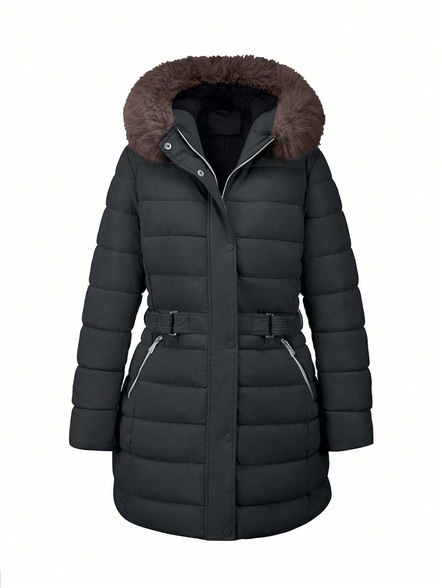 Plus Size Women's Hooded Down Jacket With Faux Fur Collar, Autumn/Winter - Đen (nâu) - Xem 1