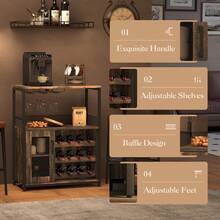 Vitrina de Vino Vintage de 3 Niveles, Armario de Bar con Estantes Ajustables y Portavasos, Puerta de Malla, Credenza Pequeña Multifuncional para Vino, Licor y Café, Ideal para Cocina, Comedor y Sala - Color quemado - Ver 4