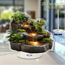 2D旋转亚克力迷你瀑布喷泉 - 双层石池，流水潺潺，热带植物点缀，360°旋转底座，适合户外禅意装饰，自成一体的迷你生态系统