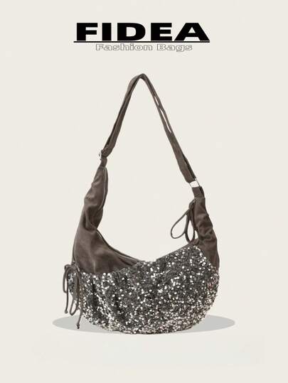 New Women's One Shoulder Tote Crescent Bag, Sequin Decor Solid Color Minimalist, Fashionable Versatile Suitable For Daily Commute, Gift-Giving, Spacious & Elegant