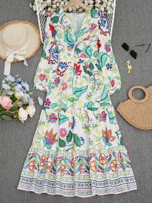 Đầm maxi dài kiểu boho họa tiết hoa dành cho nữ, cổ chữ V sâu, gấu váy xòe nhún bèo, tay dài đến cổ tay, kiểu dáng thanh lịch ôm sát và xòe nhẹ. - Nhiều màu - Xem 5