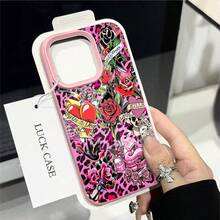 1pcs Pink Leopard Tattoo Roses Skull Heart Phone Case Suitable For Apple Phone 11 12 13 Pro Xs Max XS X 14 15 16 Plus 17ProMax Silicone Shock Proof Vintage Funky Cute Fashion Can Be Given To Friends You Can Give It To Yourself - Hồng - Xem 4