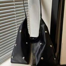 Túi xách tay thời trang dáng suông màu trơn mờ 2025, túi đeo vai cỡ lớn tiện dụng, kiểu dáng punk đinh tán. - màu đen - Xem 2