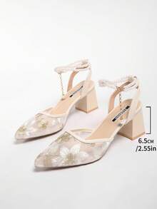 新款中国风白色高跟穆勒鞋，尖头蕾丝刺绣套脚凉鞋，女士款 - 米色 - 查看 7