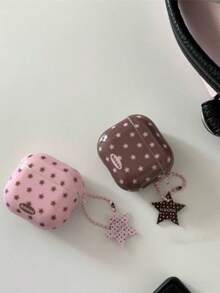 Asymmetrical Pink & Brown Star Print Earphone Case Compatible With Airpods 4, Pro 2nd Gen, New Pro 3rd Gen, Anti-Fall Protection For Women - Brown - View 3