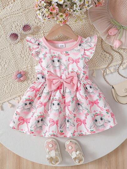 New Style Baby Girls Rabbit Print Round Neck Ruffle Bow Casual Everyday Dress (Suitable For Outings Like Easter)