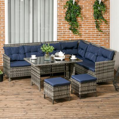  Outsunny 6 Pieces Rattan Garden Furniture Set, 8-Seater Garden Corner Sofa Set With 3 Loveseats, Glass Top Table, Footstools, Outdoor Conservatory Furniture With Cushions For Patio