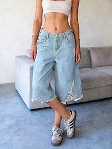 Chicsale Women's Baggy Denim Bermuda Shorts Ripped Wide Leg Jorts Knee Length Jean Shorts Y2K Streetwear Distressed Bottoms - 淺色水洗藍 - 查看 3