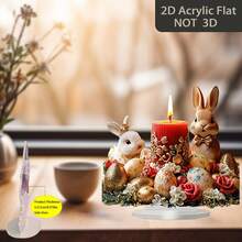 2D 波西米亚风亚克力复活节蜡烛装饰，饰有兔子和春季花卉图案 - 柔和色彩（粉色、金色、白色、红色、绿色） - 家居桌面中心装饰、复活节餐桌装饰、春季餐桌布置 - 无需电池/易于清洁