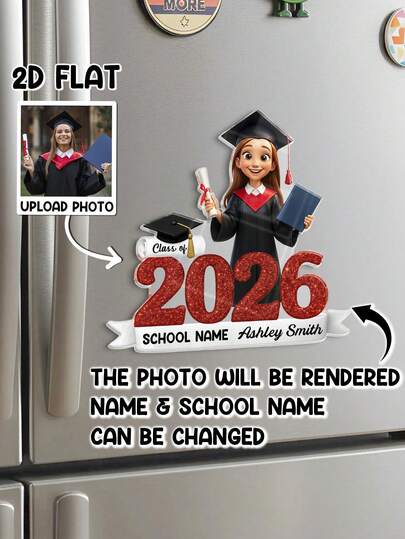 Catygift Customized Graduation Refrigerator Magnet, Personalized [Year] Class Photo Fridge Magnet, Unique Gift For Graduates, Customizable With Name, School Name And Photo