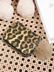 With A Pom-Pom Charm,Leopard Print Pattern Versatile Coin Wallet,Zipper Card Holder Multi-Card Card Organizer For Storage Credit Cards,Lightweight Minimalist,Fashion,Modern,Business,For Anniversary,For Christmas,On Valentine Day,For Birthday Gift,For Gift,For Lover For Women,For Girls,For Lady,For Female,Bag School Supplies For School Dorm Room & Back To School - Khaki - View 5