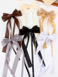 4pcs Random Beige & Coffee Color Satin Bow Ribbon Hair Clips, Solid Color Large Barrettes, Cute Girl Princess Hair Accessories For Daily Wear & Party - Multicolor - View 9