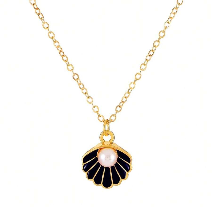 Seashell Pearl Pendant Necklace Gold Plated Boho Enamel Pink Blue Scallop Sea Shell Starfish Ocean Animal Chain Necklace For Women Hawaiian Summer Beach Holiday Fashion Jewelry Gifts - Black - 查看 1
