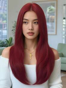 酒红色中分长直假发，26英寸，女士自然直发假发，蓬松透气，耐热合成纤维假发，非常适合初学者打造时尚日常造型，完美适用于约会、拍照、角色扮演、优雅派对、音乐节、聚会等场合。 - 酒紅色 - 查看 3