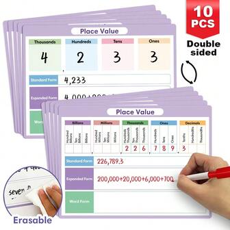 10 قطعة أدوات تعليمية لقيمة المكان الرياضية قابلة للمسح من الجانبين، بطاقات قيمة المكان بالشكل القياسي والمتوسع والكلمات للصفوف من 3 إلى 4، أدوات تعلم معرفية رياضية لمساعدة التدريس المنزلي