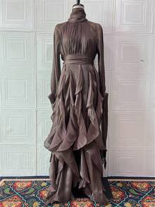 Vestidos Elegantes De Mujer,Women's Elegant And Stylish Ruffled Fitted Dress - Cà phê - Xem 1