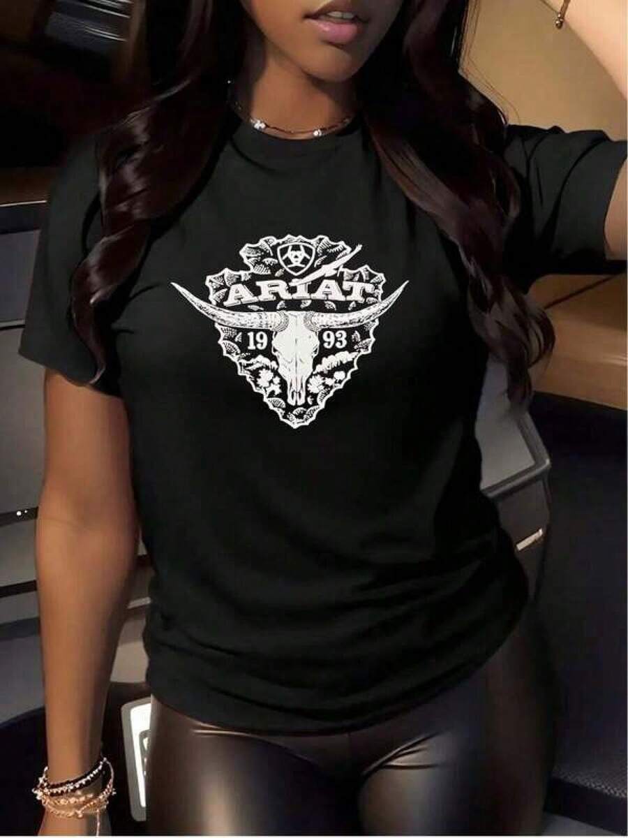 Women Round Neck Short Sleeve T Shirt Cow Skull Graphic Digital Print T Shirt Western Style Rodeo Bull 1993 Cotton Casual Tee Vintage Fashion Streetwear 1pcs2025 Women Size S-3XL - 黑色 - 查看 1