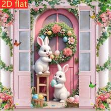 1 tấm rèm cửa trang trí lễ Phục Sinh, rèm cửa phẳng 2D, 1 món đồ trang trí cửa lễ Phục Sinh đáng yêu - Cửa gỗ màu hồng với 2 chú thỏ trắng và trứng nhiều màu sắc, không cần nguồn điện - Lý tưởng cho các bữa tiệc ngày lễ và lễ Phục Sinh. - Nhiều màu - Xem 6