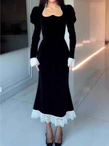Elegant Velvet Long-Sleeve Women's Dress With Heart-Shaped Neckline, Black Lace Patchwork Autumn Maxi Silhouette, Wrap Skirt For Women - 黑色 - 查看 2