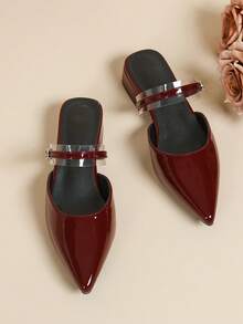 Women's Burgundy Patent Leather Pointed Toe Low Heel Transparent Strap Mule Slides, Suitable For Commuting - Burgundy - View 7
