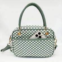 Checkered Crossbody Bag For Women Shoulder Plaid Handbags Top Handle Satchel Bag Woven Bum Bag Stylish Woven Crossbody Bag PU Leather - 豆綠白格子 - 查看 12