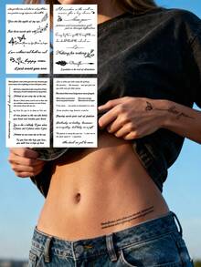 STARTTOOS 6片/4片/2片装多规格黑色艺术风格临时纹身贴纸，简约线条英文单词/励志情感短语。适用于手臂、大腿、肩膀、脖子、锁骨等部位的DIY纹身。是狂欢节、情人节、派对和节日礼物的理想之选。防水逼真的身体临时纹身贴纸。 - 黑色 - 查看 4