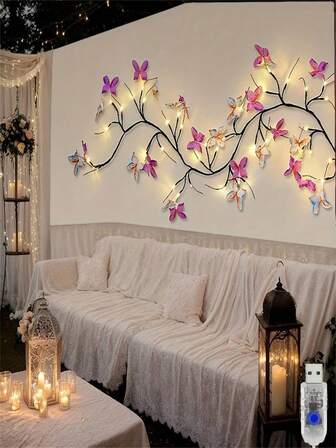 1 pieza Luz de pared con rama de mariposa LED, alimentada por USB, con 8 modos de iluminación. Adecuada para habitaciones interiores, salas de estar, oficinas, patios exteriores, jardines, patios traseros, céspedes, vallas, pasillos, decoraciones de pared, Día de San Valentín