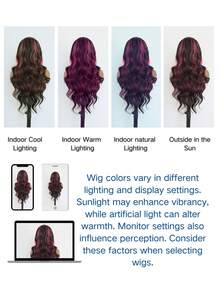 Perucă cu accent roz și dantelată - 33*10 cm, ondulată, sintetică, fără lipici, ondulată lungă, pentru uz zilnic, 66 cm