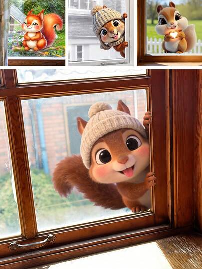 BRUP 1 Sheet Funny Squirrel Window Cling, Cartoon Squirrel Peeking, Removable Static Animal Decal For Kids Bedroom Living Room Decor, Whimsical Woodland Theme Art