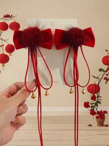 2pcs Girls' Red Furball Bow Bell Decor Ribbon Cute Versatile Festive Children Hair Clips For Ponytail, Suitable For Holidays And New Year - Hairpin - View 13