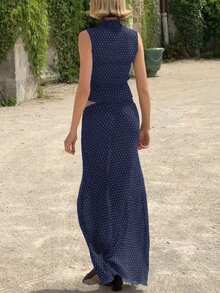 女士纯色波点吊带背心和长裙两件套，修身性感套装，适合生日派对、夜店、约会、休闲度假等夏季穿着。 - 藏蓝色 - 查看 6