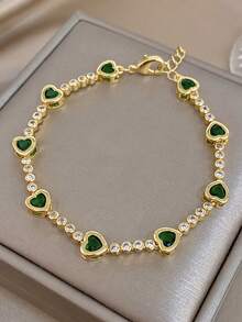 1Pc Retro Luxury Heart Ruby Red Bracelet, Multi-Color Zirconia,Copper Gold Jewelry Dainty Chain,For Women,Daily/Boho/Party/Christmas,Valentine Birthday - Multicolor - View 12