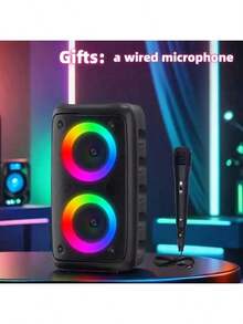 无线音箱带低音炮，大功率扬声器，立体声扬声器，户外无线音箱，派对迪斯科灯，LED氛围灯，带1个麦克风，支持TWS真无线立体声、MicroSD卡槽、AUX输入，麦克风 - 黑色 - 查看 3