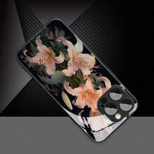 1pc Vintage Elegant Pink Lily Floral Art Pattern Glass Material Phone Case, High-End Chic Design Compatible With Apple, Tempered Glass - Black - View 3