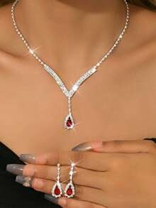 3pcs/4pcs/5pcs/Set Water Droplet Design Necklace+Earrings+Bracelet+Ring Luxury Zirconia Jewelry Set Suitable For High-End Evening Dresses, High-End Banquets, And Gift Giving. - 3pcs/set - View 3