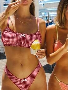 Women's Summer Solid Color Yellow Bikini Set Two Piece Swimsuit Adjustable Strap Beach Swimwear - Red - View 1