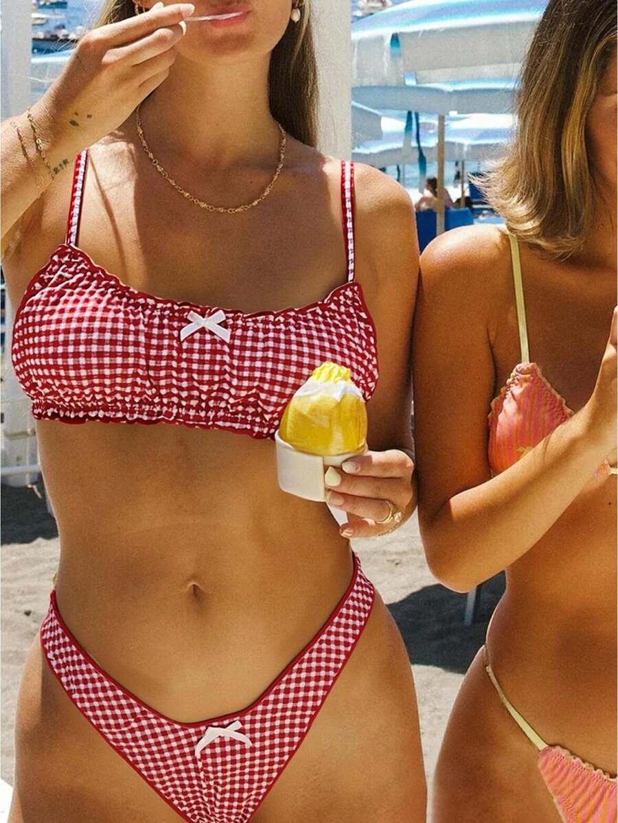 Women's Summer Solid Color Yellow Bikini Set Two Piece Swimsuit Adjustable Strap Beach Swimwear - Red - View 1