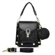 Black Rivet Flap Mini Lock Closure Mini Shoulder Bag, Korean Fashion Versatile Crossbody Bag, Chain Strap Handbag, Wide Strap Letter Print Tote Bag, Suitable For Daily Commute, Shopping, Dating And Other Occasions