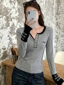 Contrast Color Letter Inlay Contrast Trim Casual School Long Sleeve Top